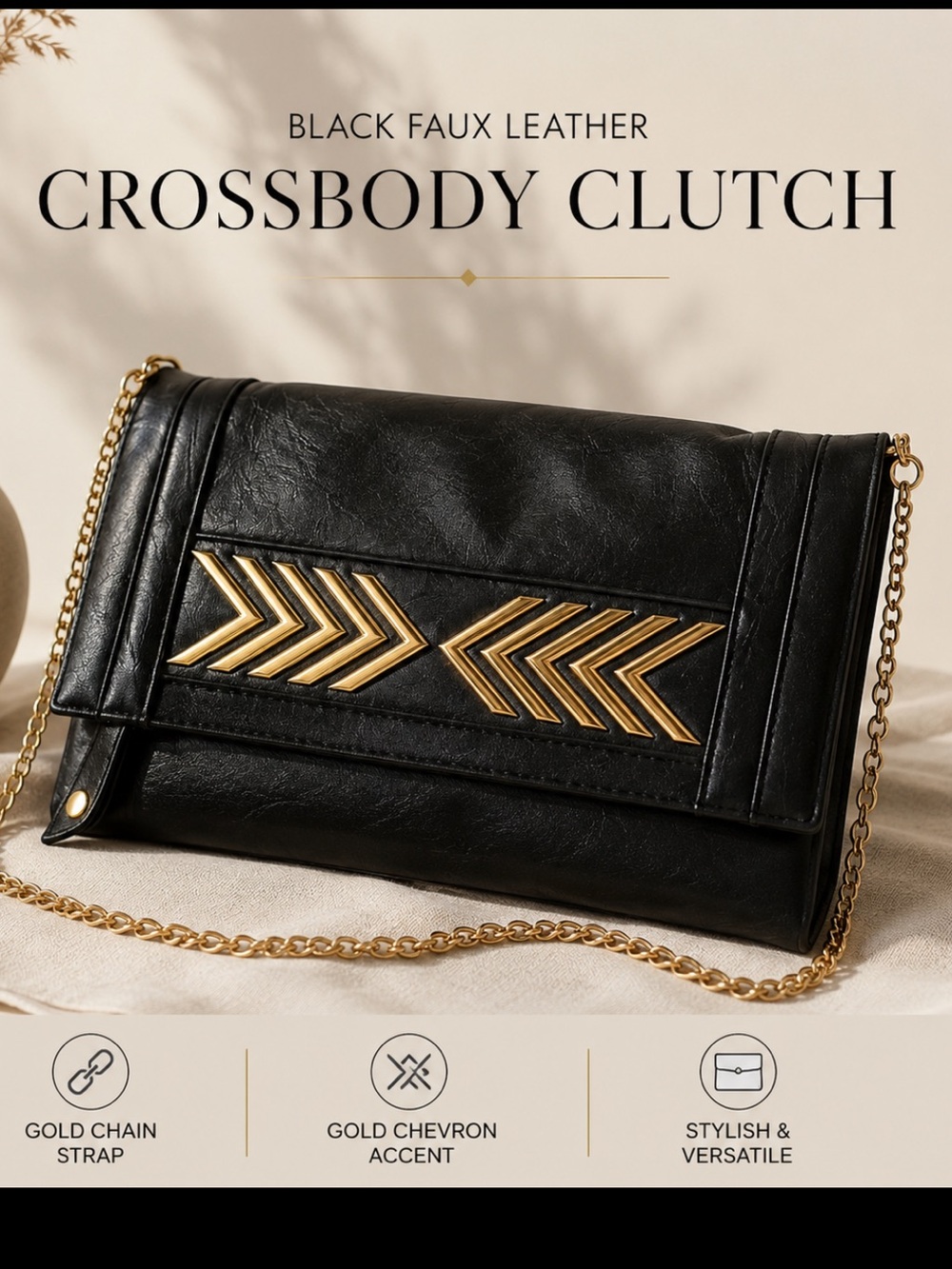 Imoshion Black Faux Leather Crossbody Clutch Gold Chain Chevron Evening Bag